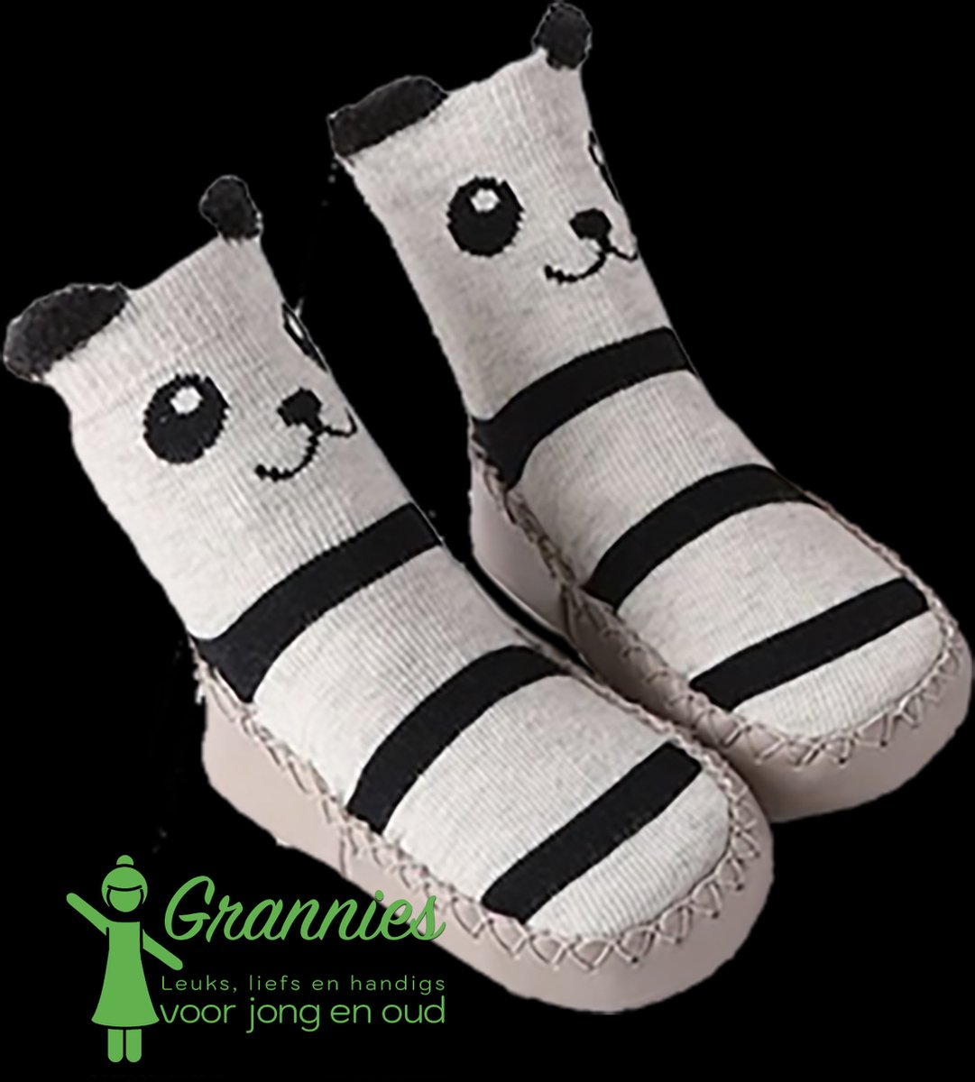 Grannies -Panda - Babyslofjes Katoen - Antislip Sokjes - Dreumes Sloffen - 18-24 Maanden - Jongens en Meisjes