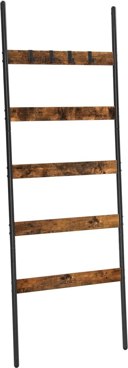 Hoppa! Handdoekenladder | Handdoekenrek | Ladderrek | Leunrek Met 5 Sporten | 65 cm Breed | Schuin | Voor Handdoeken, Sjaals, Dekens | Stalen Frame | Industrieel Ontwerp | Vintage Bruin-Zwart