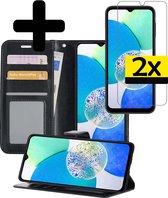 Hoesje Geschikt voor Samsung A14 Hoesje Book Case Hoes Wallet Cover Met 2x Screenprotector - Hoes Geschikt voor Samsung Galaxy A14 Hoesje Bookcase Hoes - Zwart