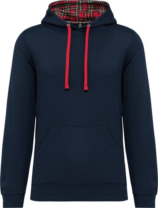 Sweat Kariban à capuche contrastée avec motif 'Navy/Red Tartan' - S