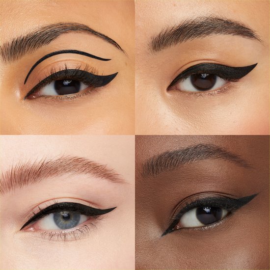 Collage van vier ogen met verschillende zwarte eyeliner stijlen.