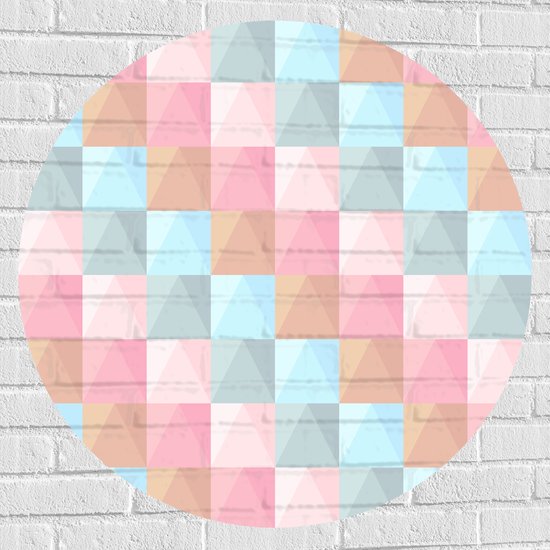 Muursticker Cirkel - Blokpatroon van Blauw, Bruin en Roze Vakken - 90x90 cm Foto op Muursticker
