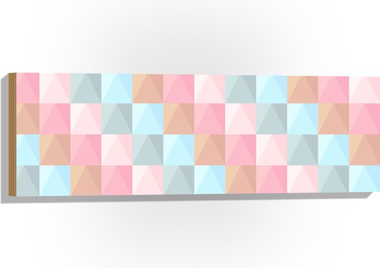 Hout - Blokpatroon van Blauw, Bruin en Roze Vakken - 90x30 cm - 9 mm dik - Foto op Hout (Met Ophangsysteem)