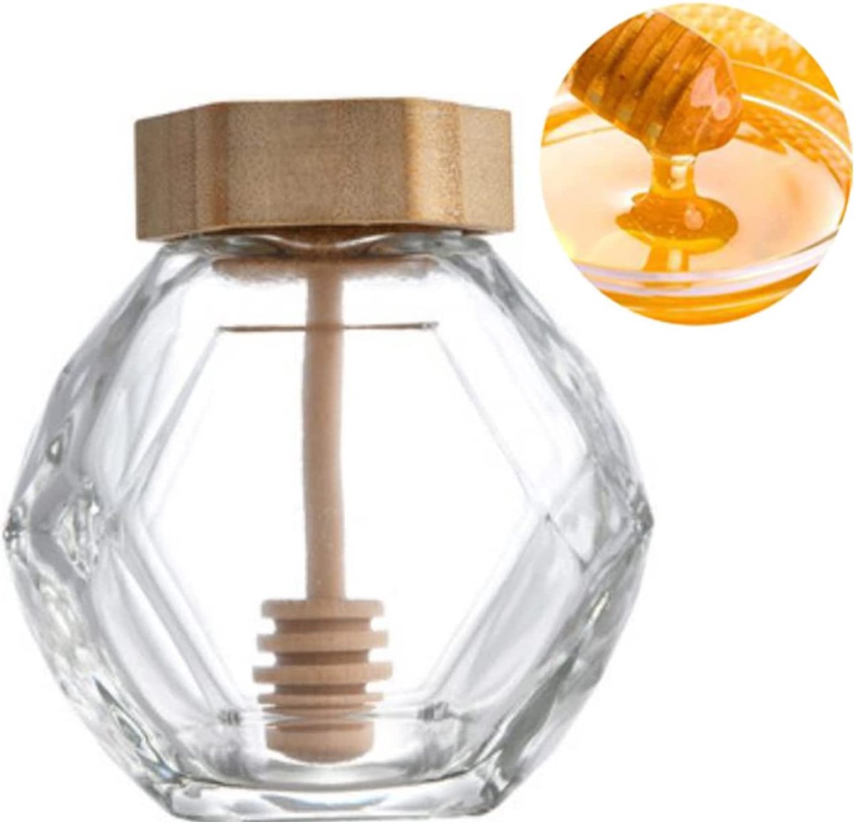 Honingdispenser, 1 stuks, 200 ml, transparant dik glas, honingpot met houten lepel en kurkdeksel, deksel voor thuis, keuken transparant