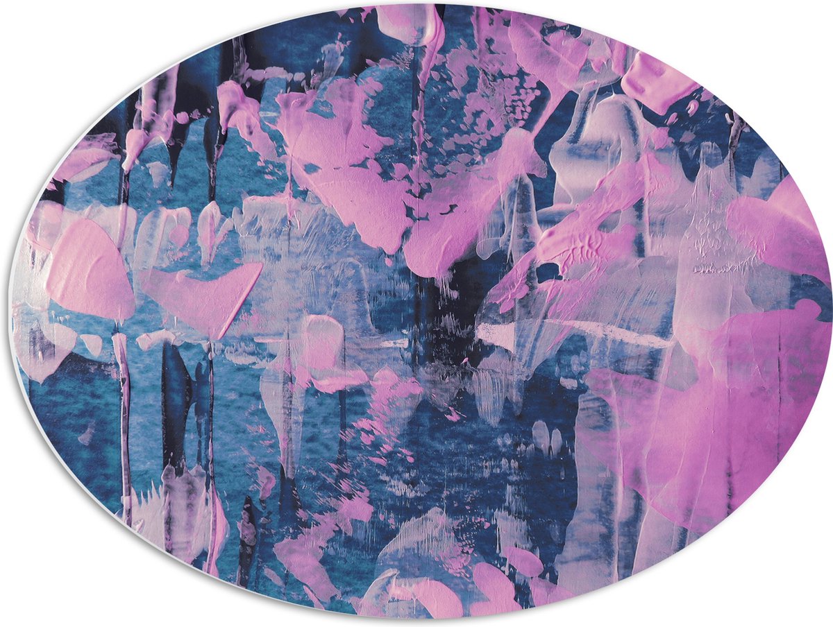 PVC Schuimplaat Ovaal - Blauwe en Paarse Mix van Verf op Schilderij - 68x51 cm Foto op Ovaal (Met Ophangsysteem)