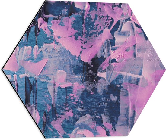 Dibond Hexagon - Blauwe en Paarse Mix van Verf op Schilderij - 50x43.5 cm Foto op Hexagon (Met Ophangsysteem)