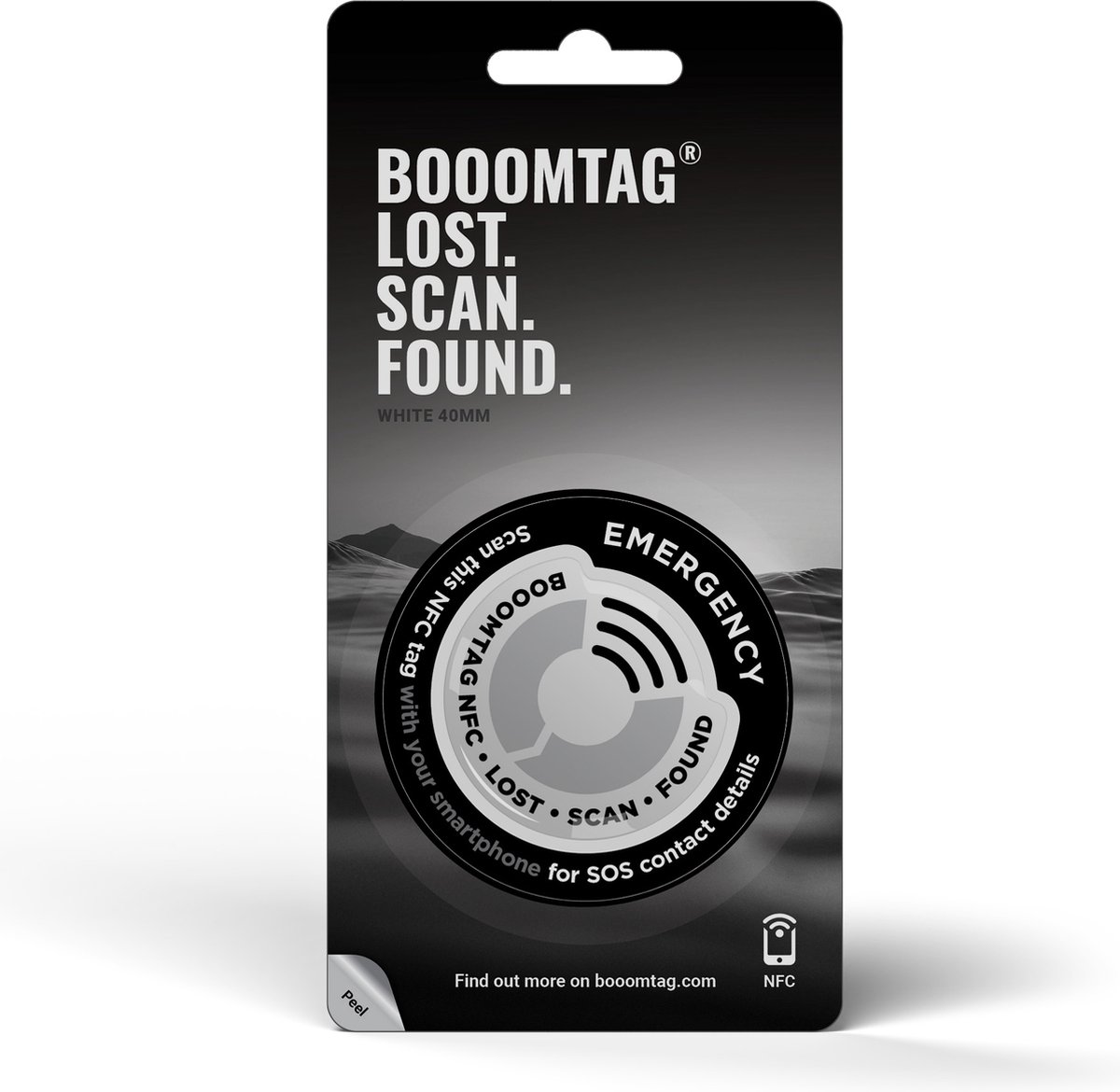 Booomtag® NFC Wit Dome Sticker - 50mm - Lost and Found - Kofferlabel, Bagagelabel, Reislabel, Adreslabel, Reisaccessoires, Passieve Tracker, SOS, ICE, Reiskoffer, Etiquette Bagage, #boomtag #booomtag