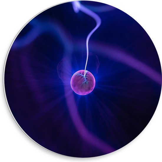 Ronde muurdecoratie van een abstracte lichtbol omringd door gloeiende paarse en blauwe lichtstralen.