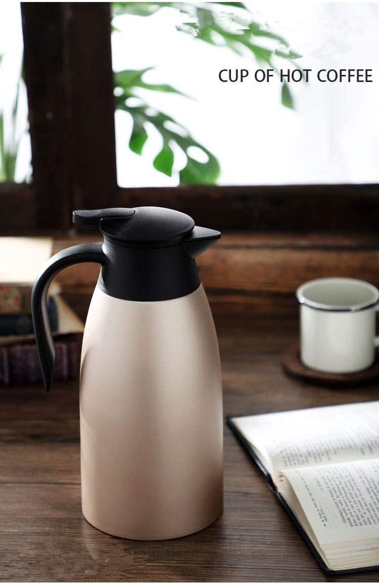 Thermoskan, 2 l, thermoskan voor koffiepot, roestvrijstalen koffiepot met handvat en schenktuit, vacuüm-isolatie, dubbelwandige thermoskan, voor kantoor en thuis, roségoud