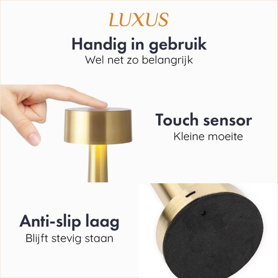 Luxus Tafellamp Touch - Sofia - Goud - H21 x Ø16 - Tafellamp - Terraslamp - Bureaulamp - LED - Oplaadbaar - Dimbaar - Draadloos - Industrieel en modern - Op batterijen -... - Afbeelding 2