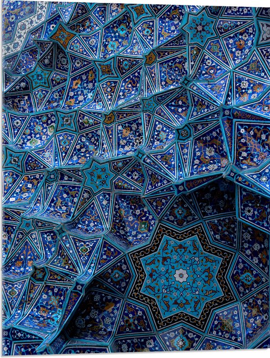 Acrylglas - Blauw Bloemenpatroon op Tegels in Plafond - 60x80 cm Foto op Acrylglas (Wanddecoratie op Acrylaat)