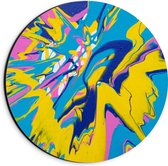Dibond Muurcirkel - Mix van Felle Kleuren Verf in Geel, Blauw en Roze - 20x20 cm Foto op Aluminium Muurcirkel (met ophangsysteem)