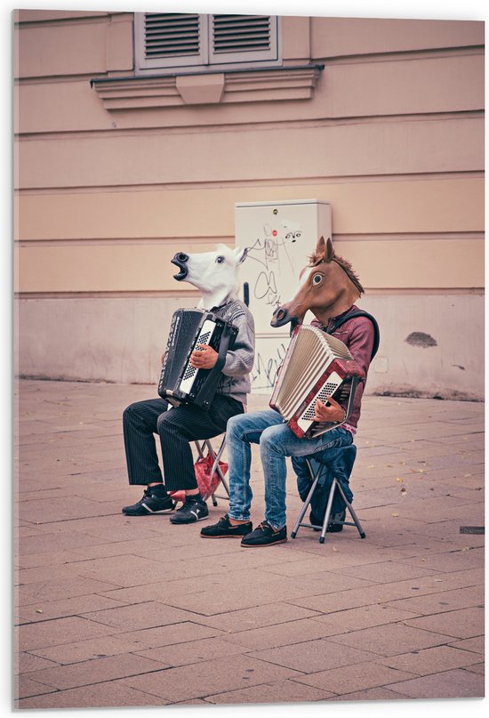 Acrylglas - Twee Personen met Paarden Maskers Spelend op Accordeon - 50x75 cm Foto op Acrylglas (Met Ophangsysteem)