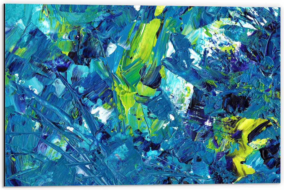 Dibond - Gemixte Verf in Blauwe en Groene Kleuren - 60x40 cm Foto op Aluminium (Met Ophangsysteem)