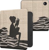 kwmobile hoes geschikt voor Tolino Vision 6 - Magnetische sluiting - E reader cover in zwart / beige - Meisje met boeken design