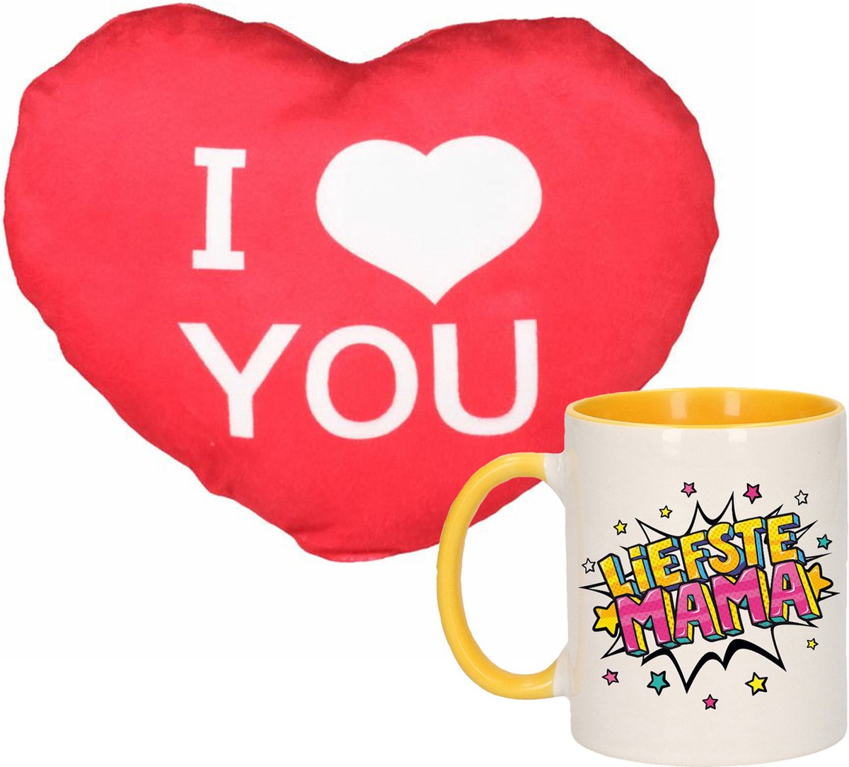 Liefste mama - mok/beker - 300 ml - geel - incl. sierkussentje hart vorm - 12 cm