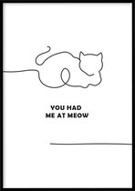 Poster Meow - 30x40 cm met Fotolijst - Line art poster - Kinderkamer poster - Ingelijst - WALLLL