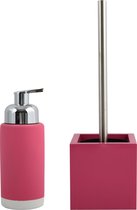 MSV Badkamer accessoires set - fuchsia roze - zeeppompje en wc/toilet-borstel - hout/keramiek/rvs