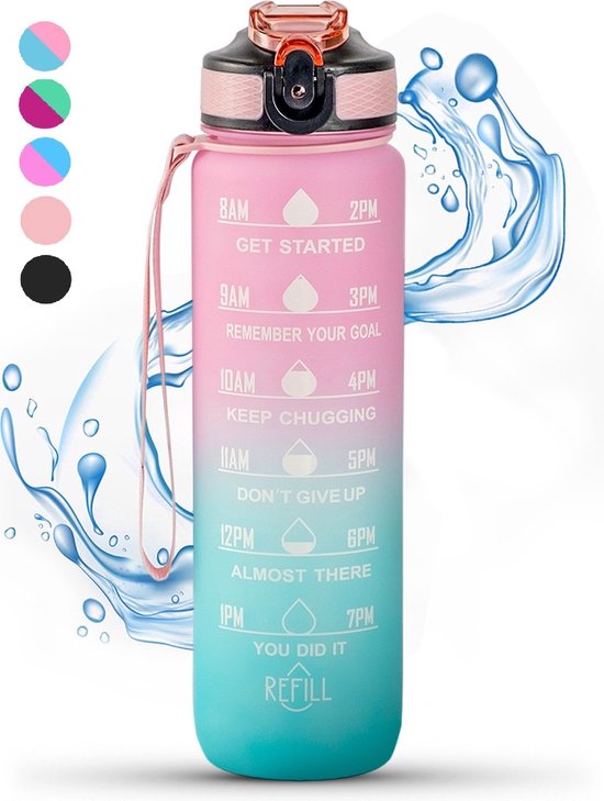 Bouteille d'eau Vision (Sports) rose clair-bleu avec marqueurs de temps, 1  litre