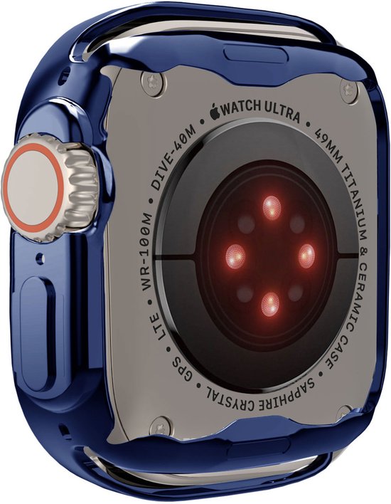 Achterkant Apple Watch Ultra in donkerblauwe bumper, met zilveren achterplaat.