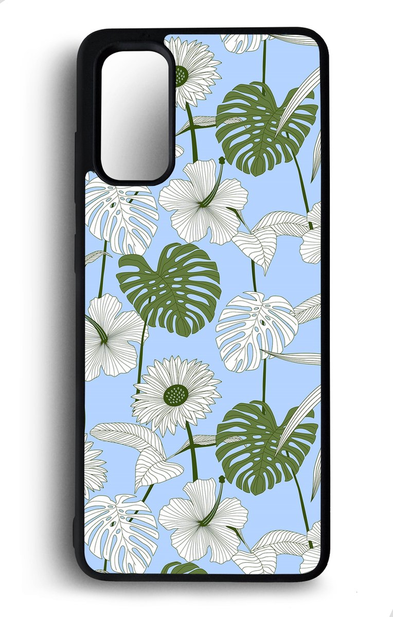 Ako Design Samsung Galaxy S20 hoesje - Tropische plant en bloemen - blauw - Hoogglans - TPU Rubber telefoonhoesje - hard backcover