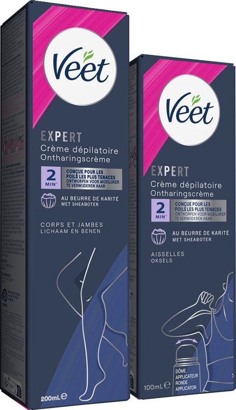 Veet - Expert - Alle huidtypes - Ontharingscreme Benen 200ml - Ontharingscreme met sheaboter Oksels 100ml