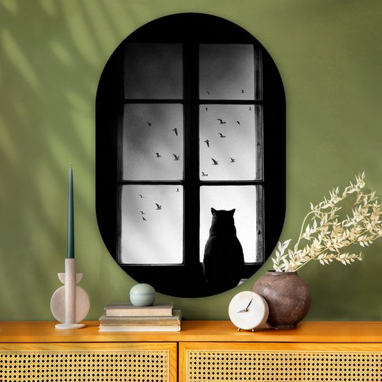 Chat - Animaux - Zwart et blanc - Fenêtre Plaque plastique (5mm d'épaisseur) - Forme miroir ovale sur plastique