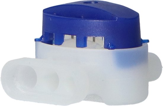 Een witte gel connector met blauwe dop, van opzij gezien. De connector heeft drie openingen aan de voorkant.