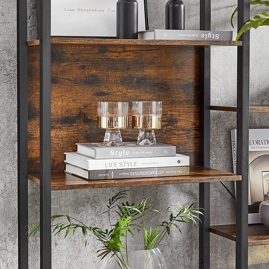 Hoppa! boekenkast, ladderplank, 14 planken, metalen frame, voor woonkamer, studeerkamer, kantoor, industrieel ontwerp, 158 x 24 x 166 cm, vintage bruin-zwart