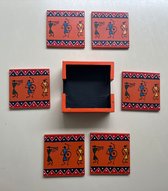 Orange Warli Hand Painted Wooden Coasters - Set of 6