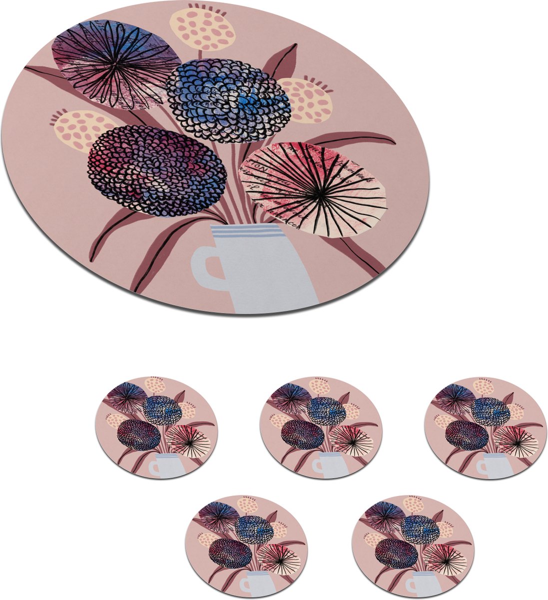 Onderzetters voor glazen - Rond - Bloemen - Pastel - Vaas - Planten - 10x10 cm - Glasonderzetters - 6 stuks