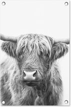 Tuindecoratie Schotse hooglander - Dieren - Hoorns - Zwart wit - 40x60 cm - Tuinposter - Tuindoek - Buitenposter