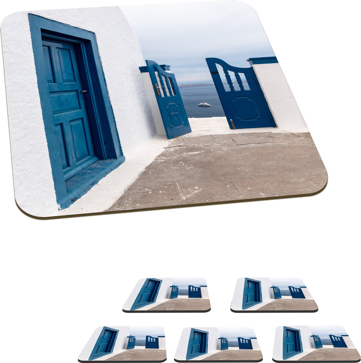 Onderzetters voor glazen - Deur - Blauw - Wit - Architectuur - 10x10 cm - Glasonderzetters - 6 stuks
