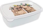 Broodtrommel Wit - Lunchbox - Brooddoos - Alpaca - Bloemen - Dieren - Natuur - 18x12x6 cm - Volwassenen