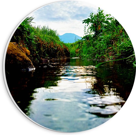 PVC Schuimplaat Muurcirkel - Sloot in het Groene Weiland onder Sluierbewolking - 20x20 cm Foto op Muurcirkel (met ophangsysteem)