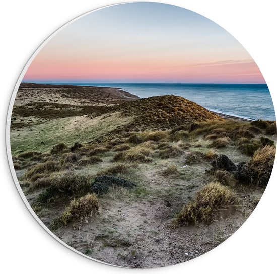 PVC Schuimplaat Muurcirkel - Rozekleurige Zonsopkomst bij de Zee en Duinen - 20x20 cm Foto op Muurcirkel (met ophangsysteem)