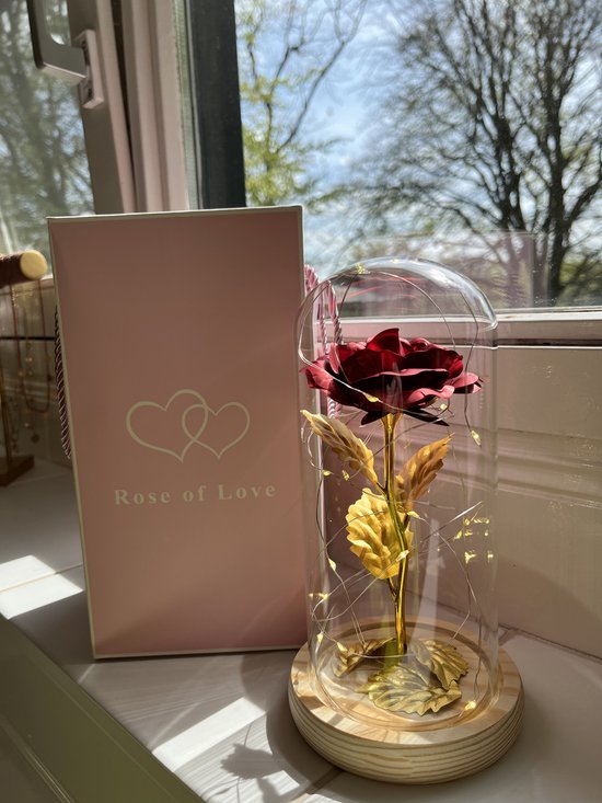 Luxe Roos in Glas - Gouden Roos met LED - Vrouw - Vriendin - Huwelijk - Interieur - Moederdag - Beauty and the Beast