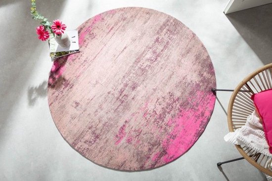 Vintage tapijt MODERN ART 150cm beige roze gewassen rond used look - 41261