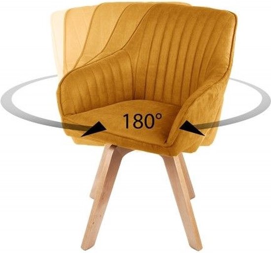 Draaibare design stoel LIVORNO mosterdgeel fluweel beukenhouten poten met armleuningen - 41310