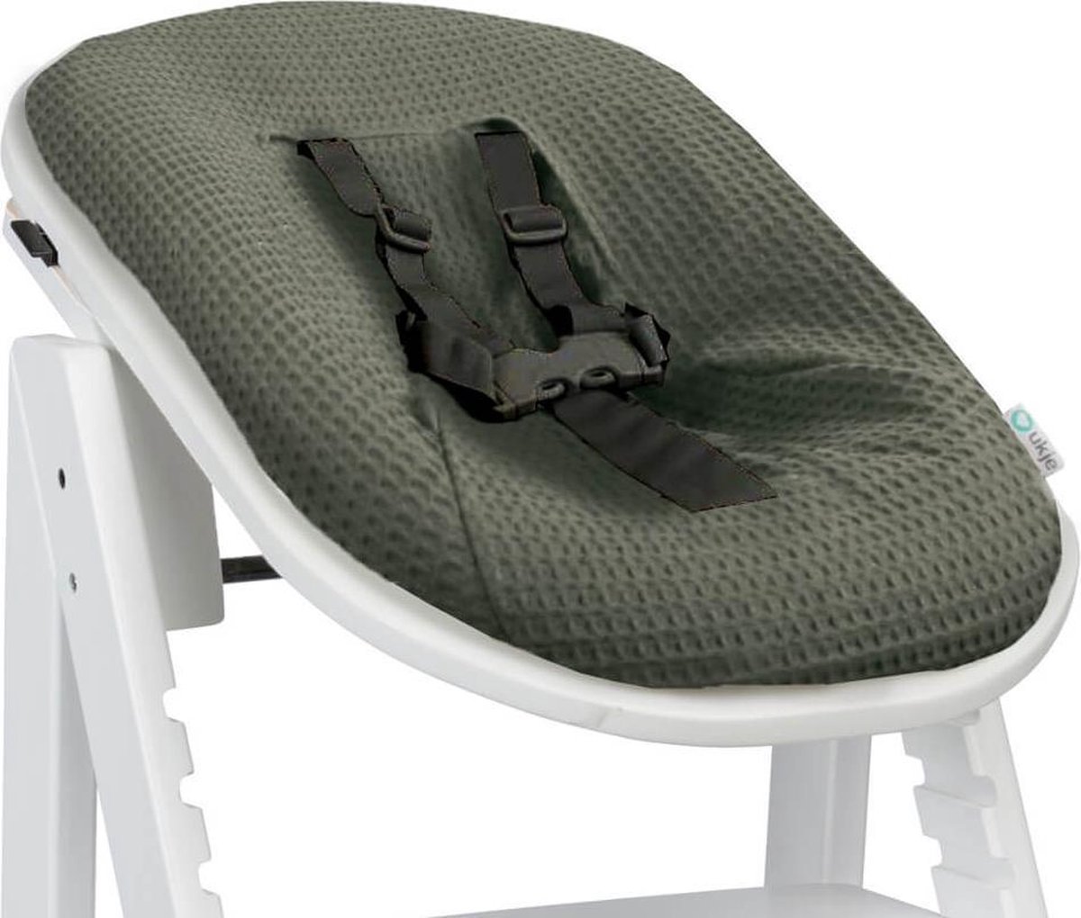 Ukje Newborn Hoes Tripp Trapp - Voor Stokke Kidsmill Novi Newborn Set - Veilig getest Oeko-Tex - Waterdichte binnenkant - Met Gordelbeschermers - Donkergroen Wafelstof – foto 6