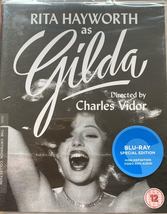 Poster van Gilda met Rita Hayworth en een blauwe sticker 'Blu-ray Special Edition'. Zwart-wit.