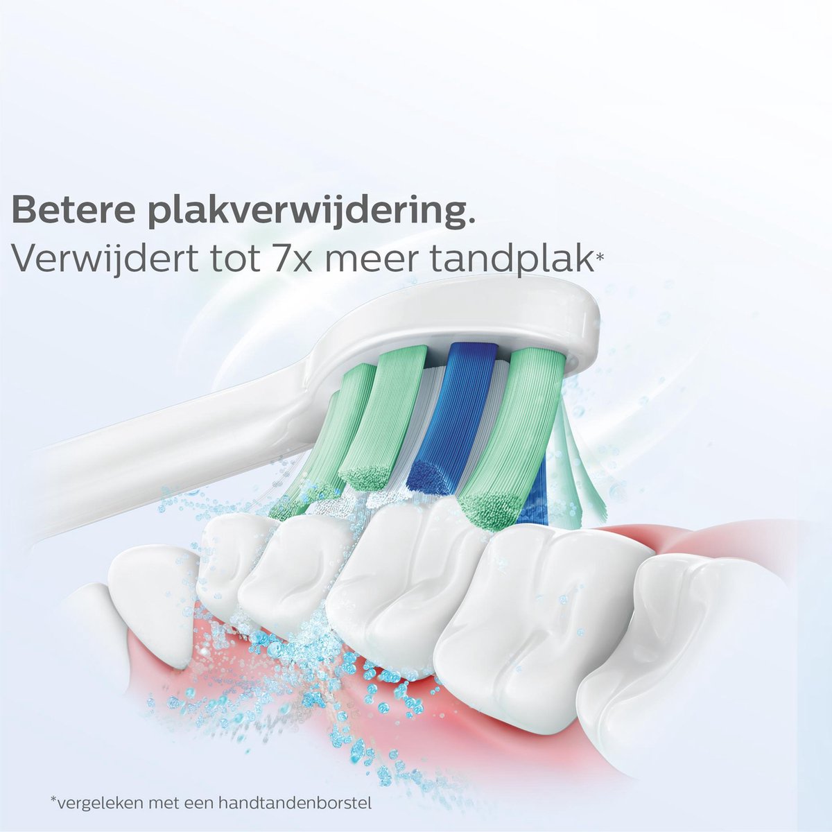 Vier Philips Sonicare C2 Optimal Plaque Defence opzetborstels met witte handvatten en blauwe en groene borstelharen.
