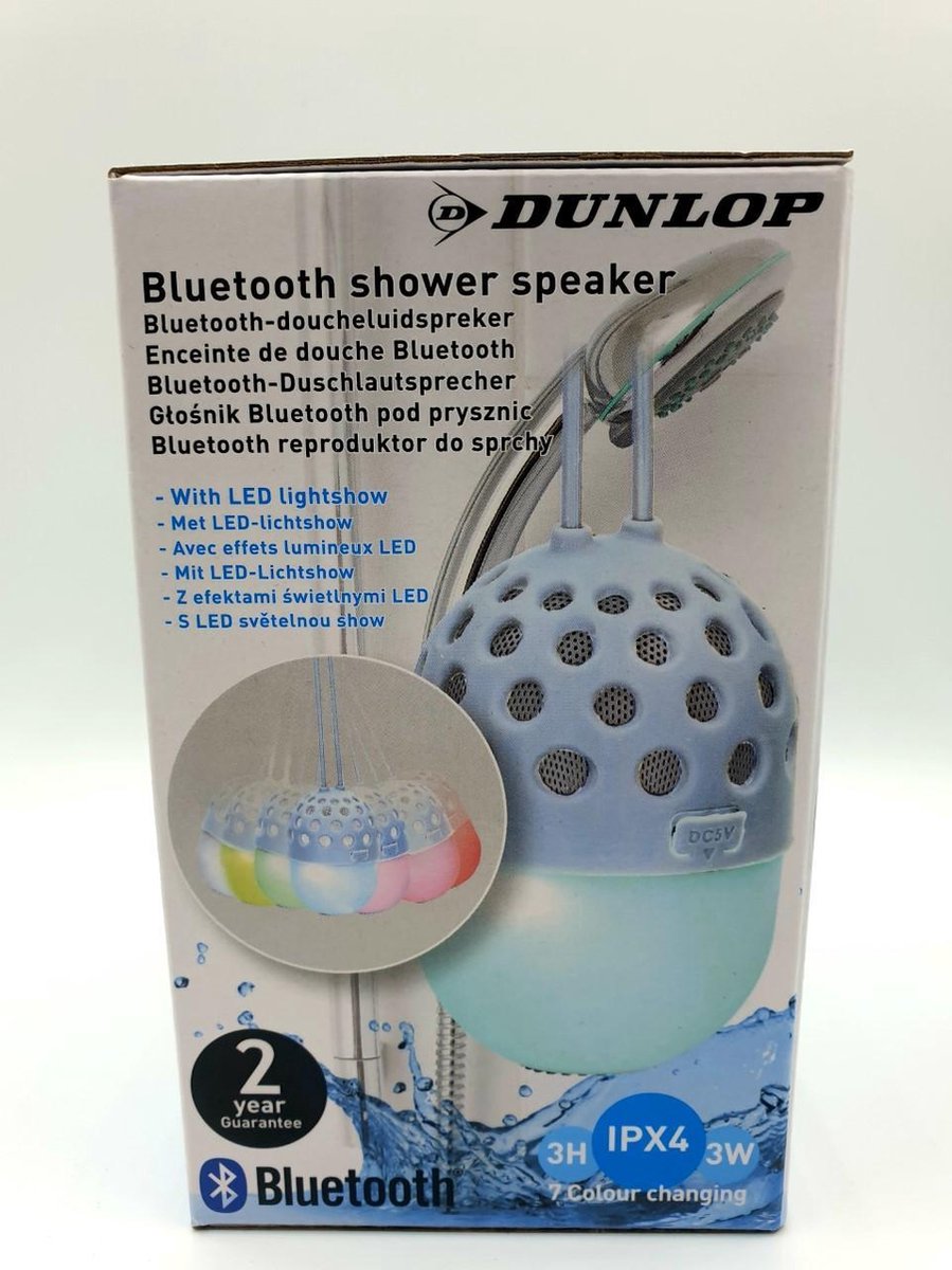 Dunlop Waterproof Bluetooth Shower Speaker With Led Lightshow 7 Colour Changing 