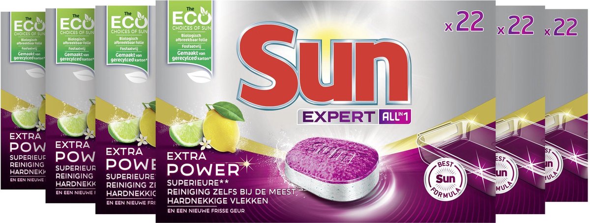Sun All-In-1 Extra Power Lemon Vaatwastabletten - 6 x 22 tabletten - Voordeelverpakking