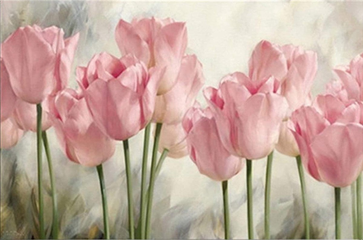 Happy Painter Diamond Painting volwassenen lente bloemen - Bloeiende roze Tulpen - 40x30cm - volledig pakket met accessoires Vierkante steentjes - hobby en creatief volwassenen - diamond painting en accessoires