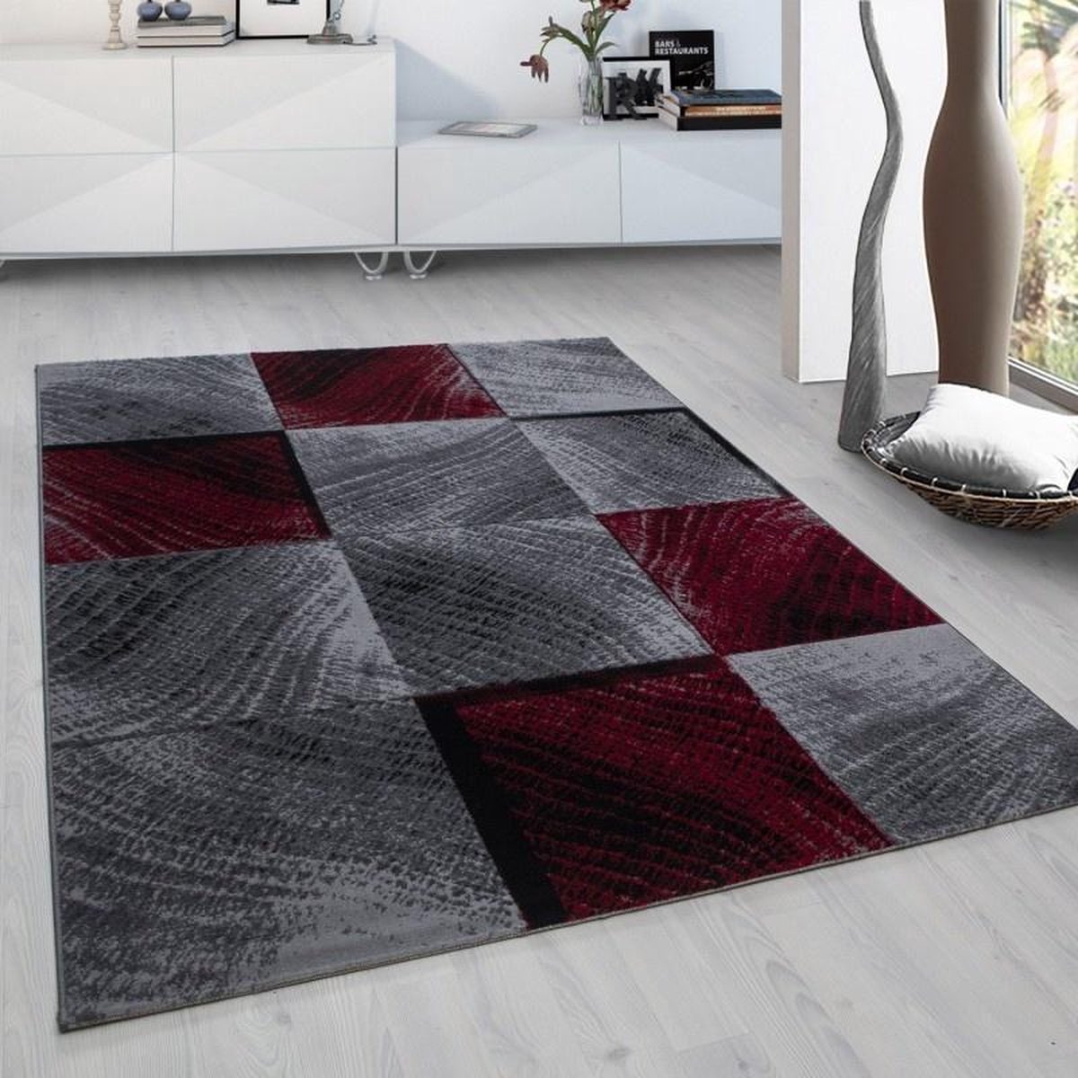 Laagpolig vloerkleed, geruit patroon, rood, woonkamerkleed, jute achterkant, afmeting: 160 cm x 230 cm