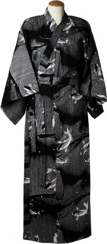 ORIGINELE JAPANSE YUKATA MET CARP DESSIN (ZWART) (KATOEN) (MAAT ZIE PRODUCTBESCHRIJVING !)