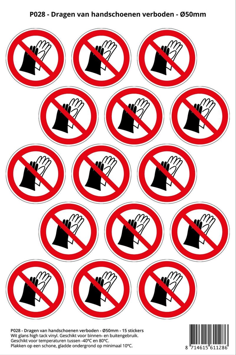 Pictogram sticker P028 - Dragen van handschoenen verboden - Ø 50mm - 15 stickers op 1 vel