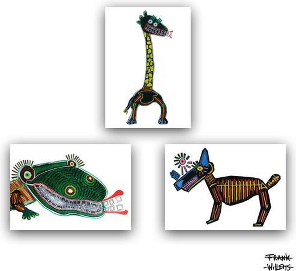 HOND, GIRAFFE en KROKODIL - set van 3 ansichtkaarten - van kunstenaar Frank Willems