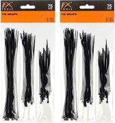 150x Kabelbinders tie-wraps set zwart - 10 / 15 / 20 cm - Zwarte tywraps - Tie Wraps